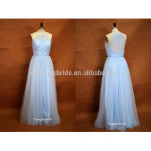 Fresh Light Blue Halter Floor Length Tulle Wedding Bridesmaid Dress For Summer